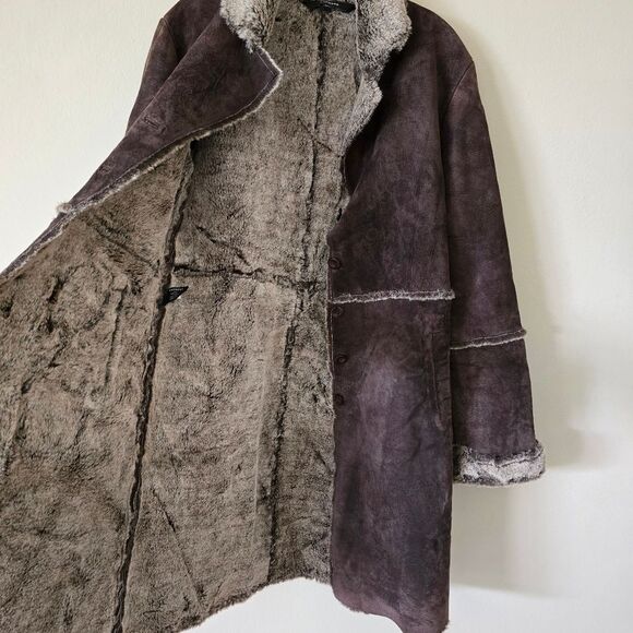 Express Leather Patchwork Faux Sherpa lined Penny Lane long coat Size‎ M Y2K Vtg - Picture 9 of 9